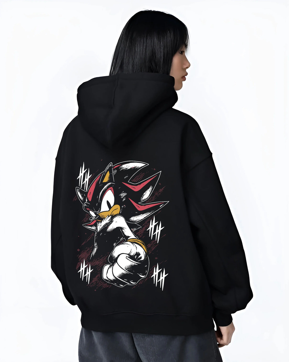 Black hoodie female model back view showing Shadow the Hedgehog from Sonic the Hedgehog: Sonic