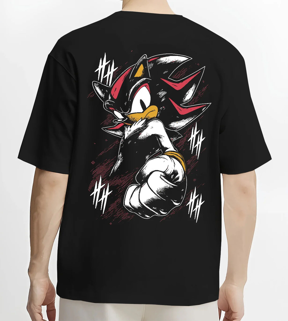 Black T-shirt model back view showing Shadow the Hedgehog from Sonic the Hedgehog: Sonic