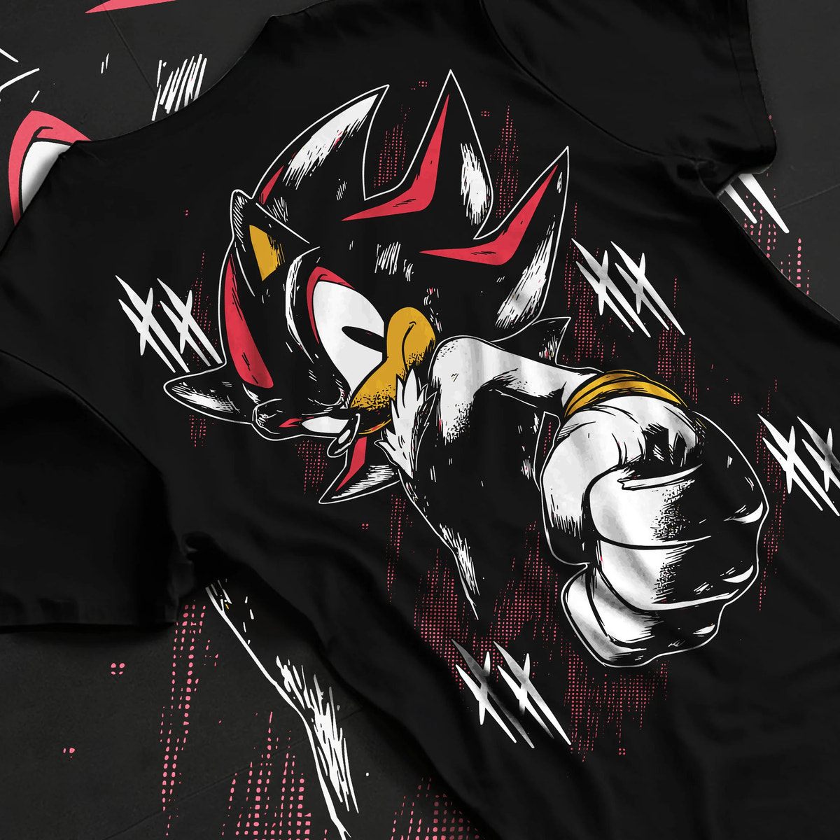 Black T-shirt flat back view showing Shadow the Hedgehog from Sonic the Hedgehog: Sonic