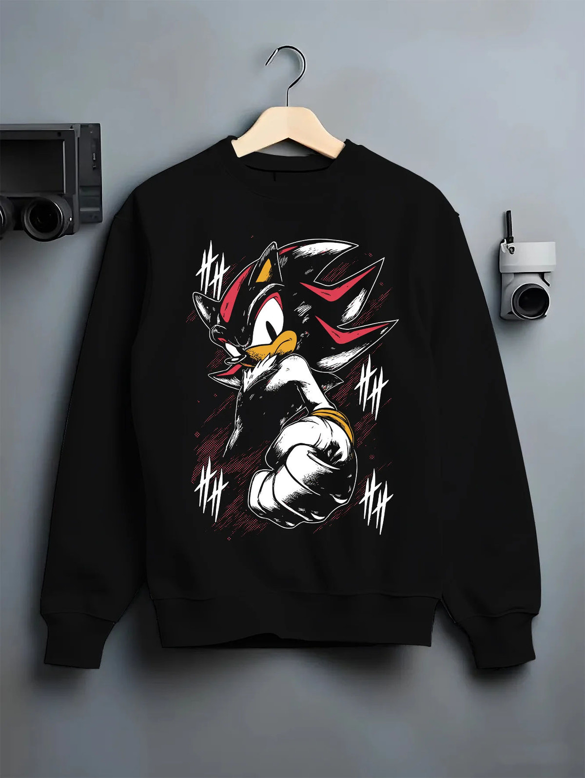 Black crewneck sweatshirt on hanger showing Shadow the Hedgehog from Sonic the Hedgehog: Sonic