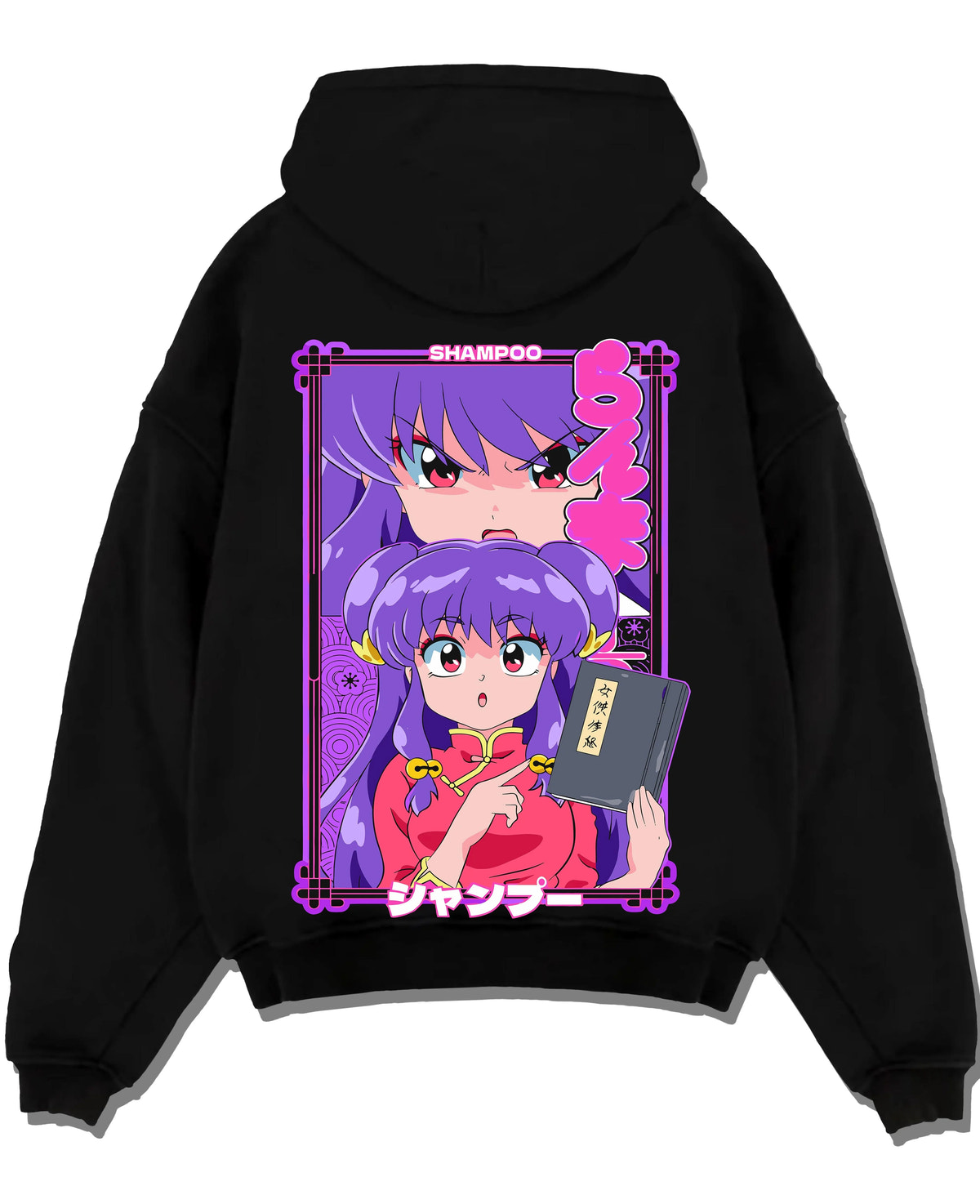 Black hoodie laid flat featuring Shampoo Chinese Amazon martial artist Ranma 1/2 artwork.