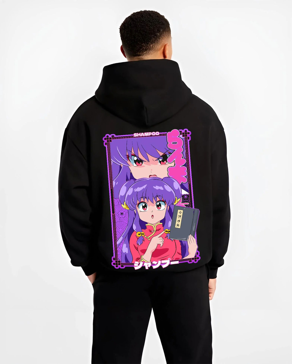 Black hoodie worn by male model from the back featuring Shampoo Chinese Amazon martial artist Ranma 1/2 artwork.