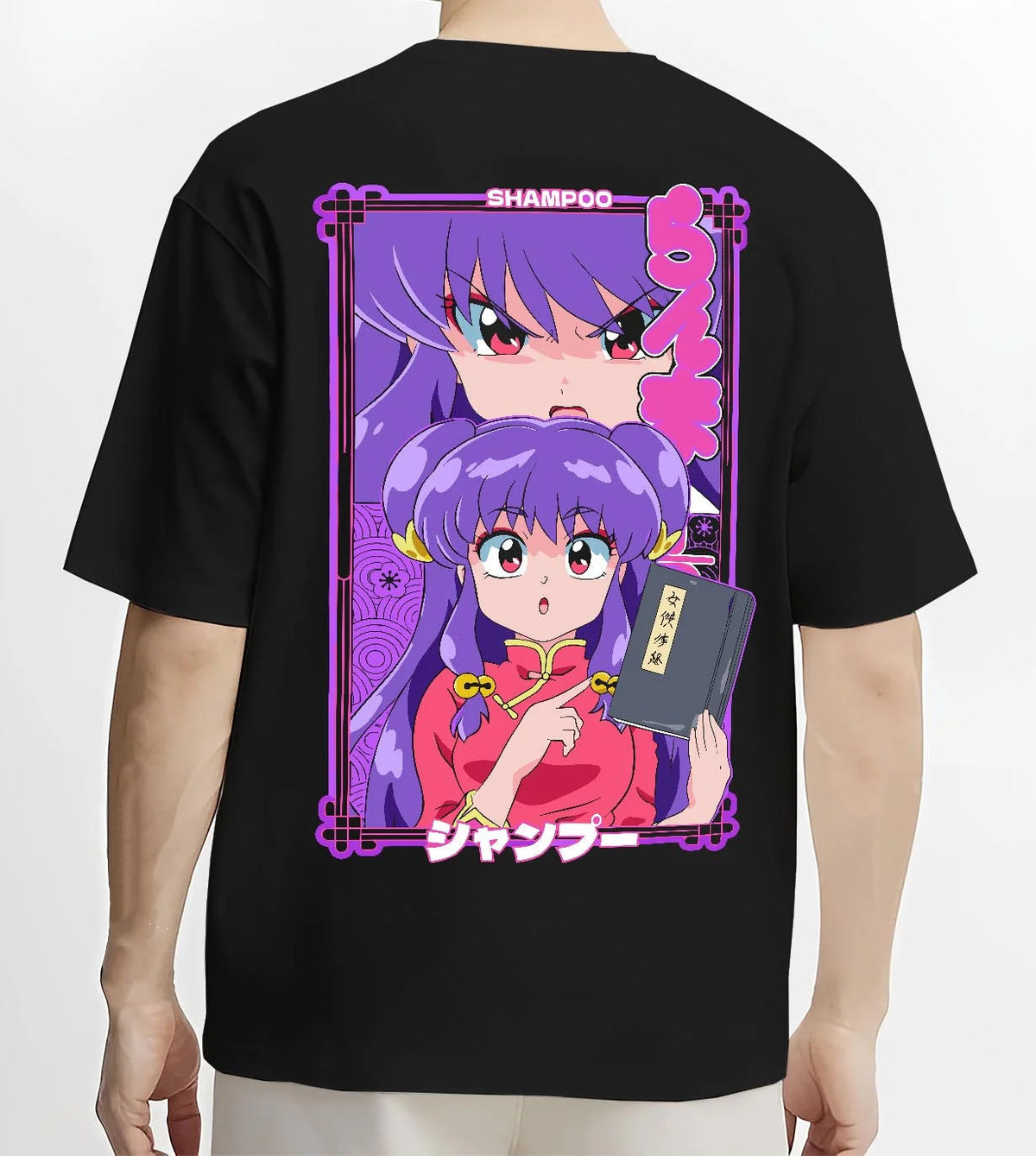 Black T-shirt worn by male model from the back featuring Shampoo Chinese Amazon martial artist Ranma 1/2 artwork.