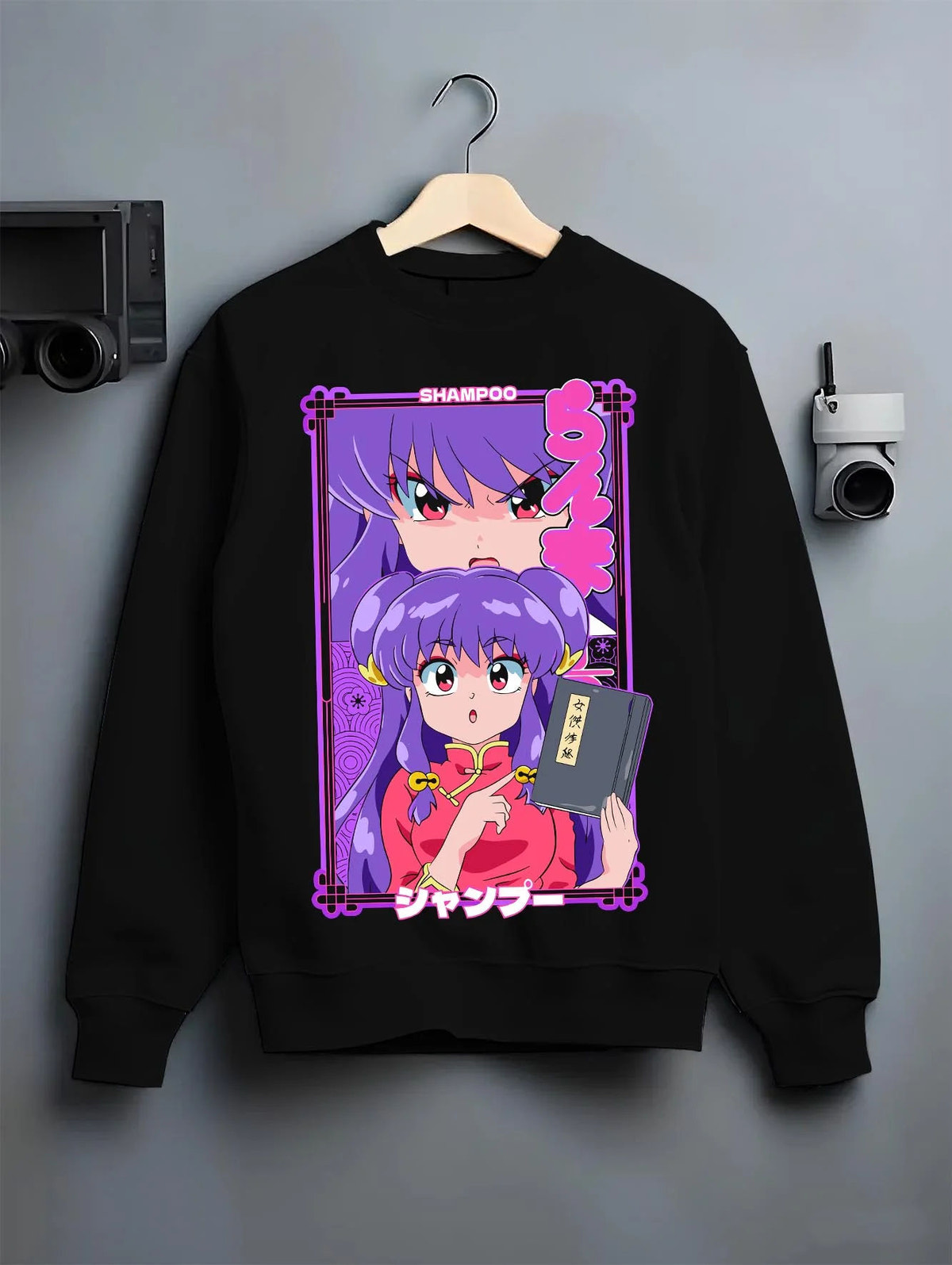 Black crewneck sweatshirt on hanger featuring Shampoo Chinese Amazon martial artist Ranma 1/2 artwork.