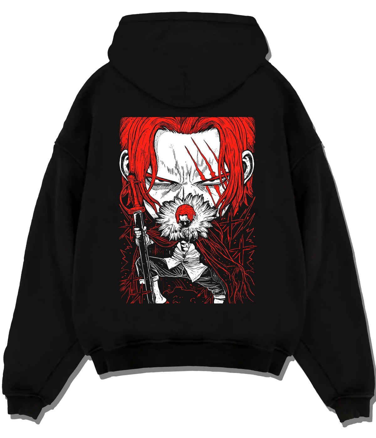 Black hoodie flat back view showing Red-Haired Shanks from One Piece: manga pirate portrait