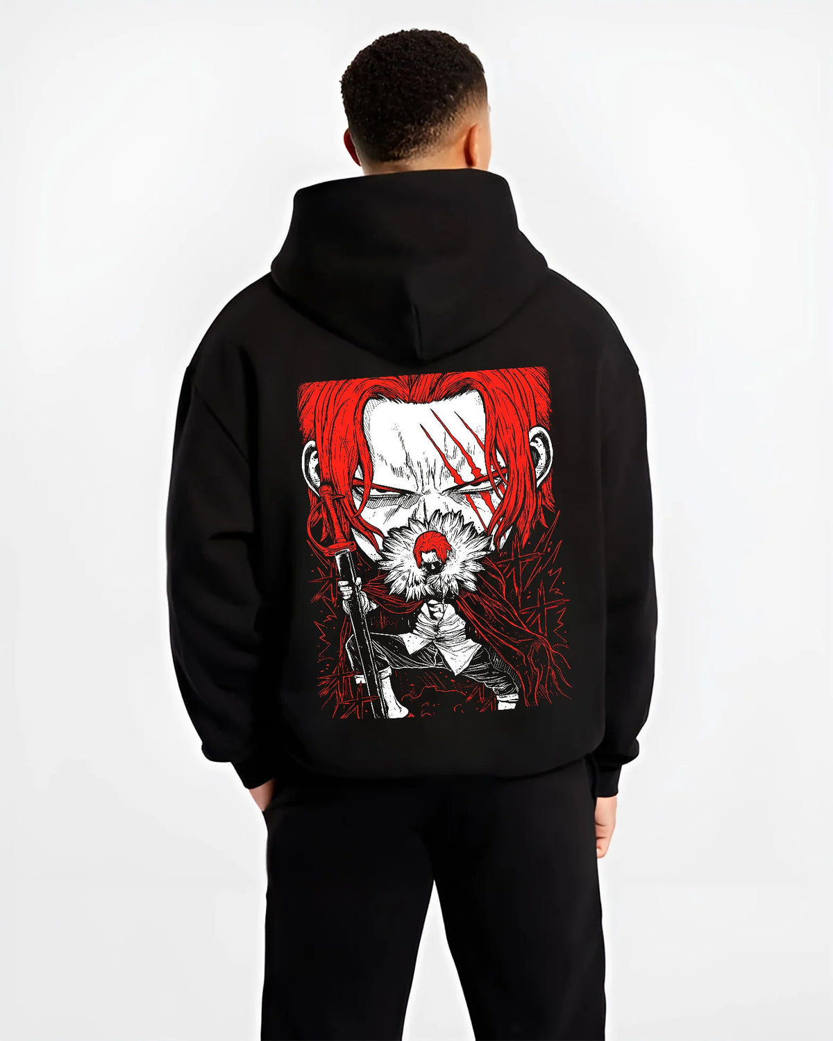 Black hoodie model back view showing Red-Haired Shanks from One Piece: manga pirate portrait