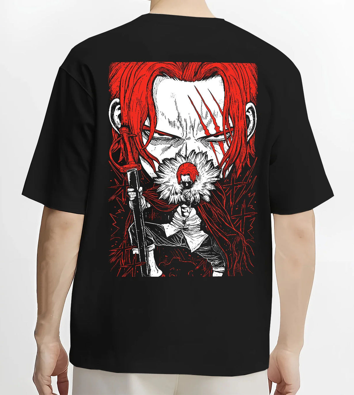 Black T-shirt model back view showing Red-Haired Shanks from One Piece: manga pirate portrait