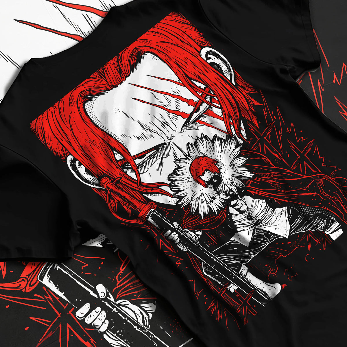 Black T-shirt flat back view showing Red-Haired Shanks from One Piece: manga pirate portrait