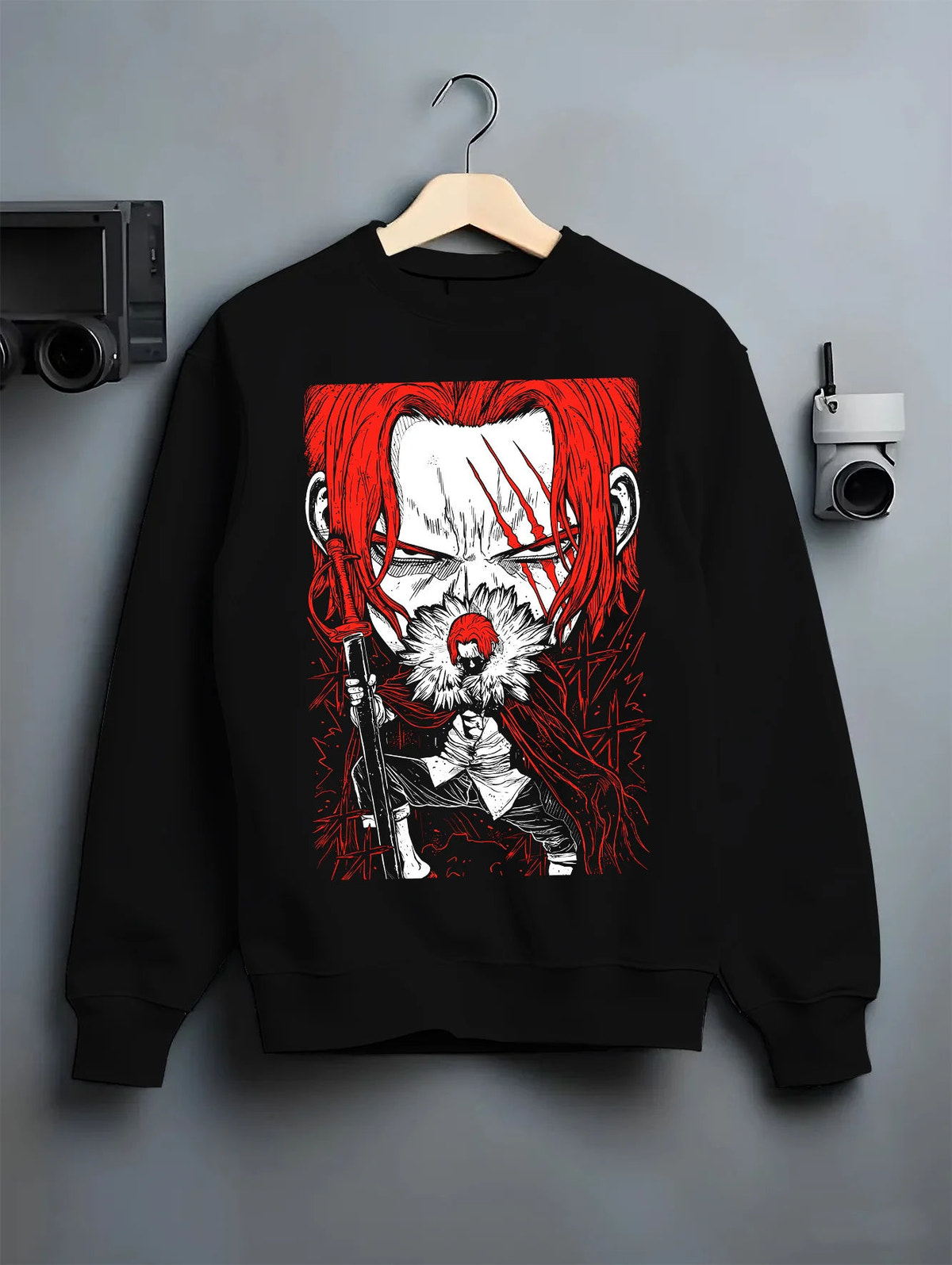 Black crewneck sweatshirt on hanger showing Red-Haired Shanks from One Piece: manga pirate portrait