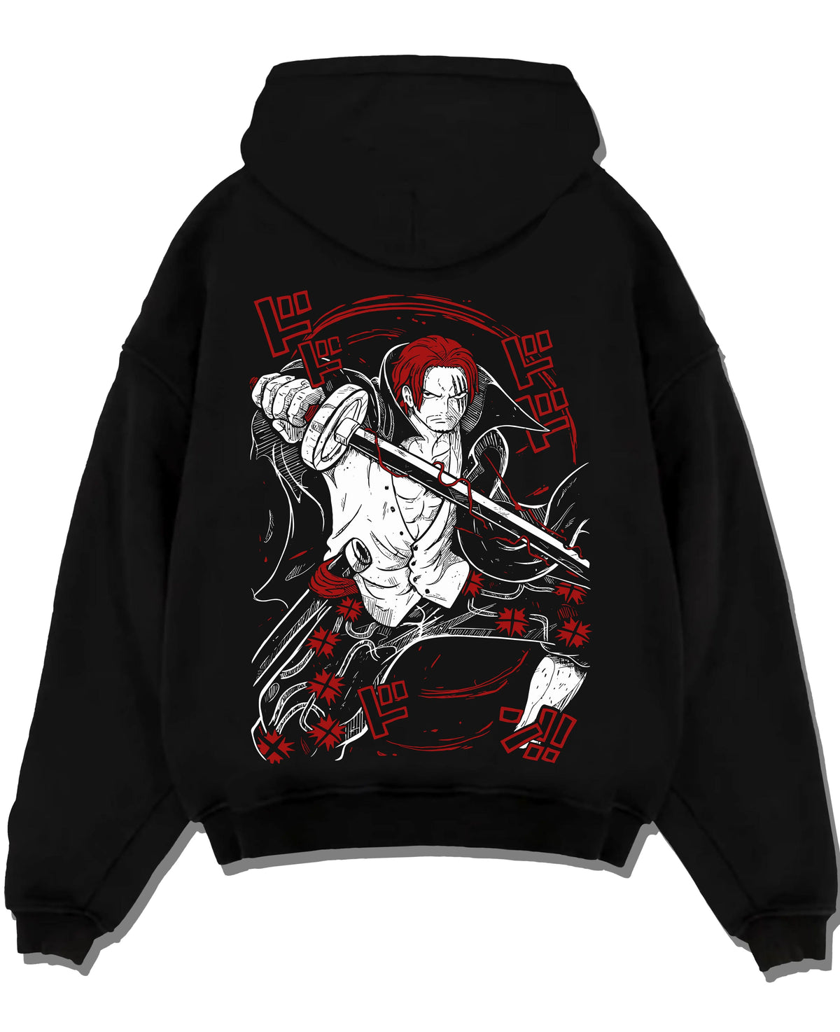 Black hoodie laid flat featuring Shanks Red Hair Emperor Haki One Piece artwork.
