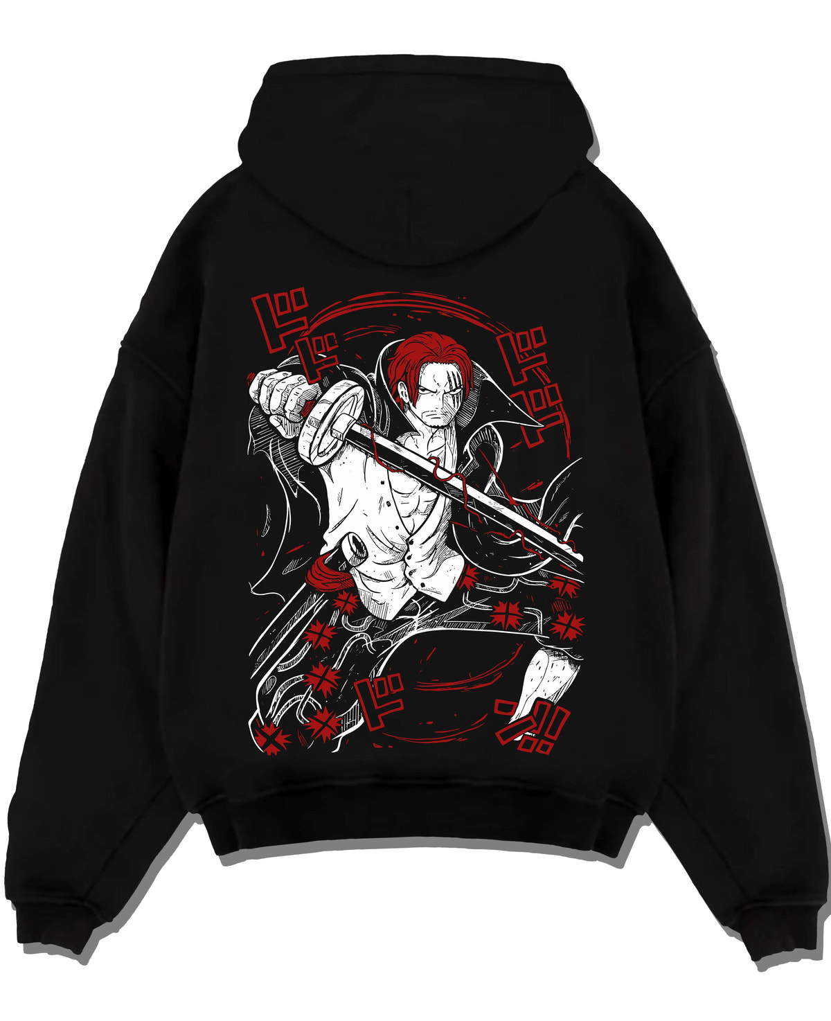 Black hoodie laid flat featuring Shanks Red Hair Emperor Haki One Piece artwork.