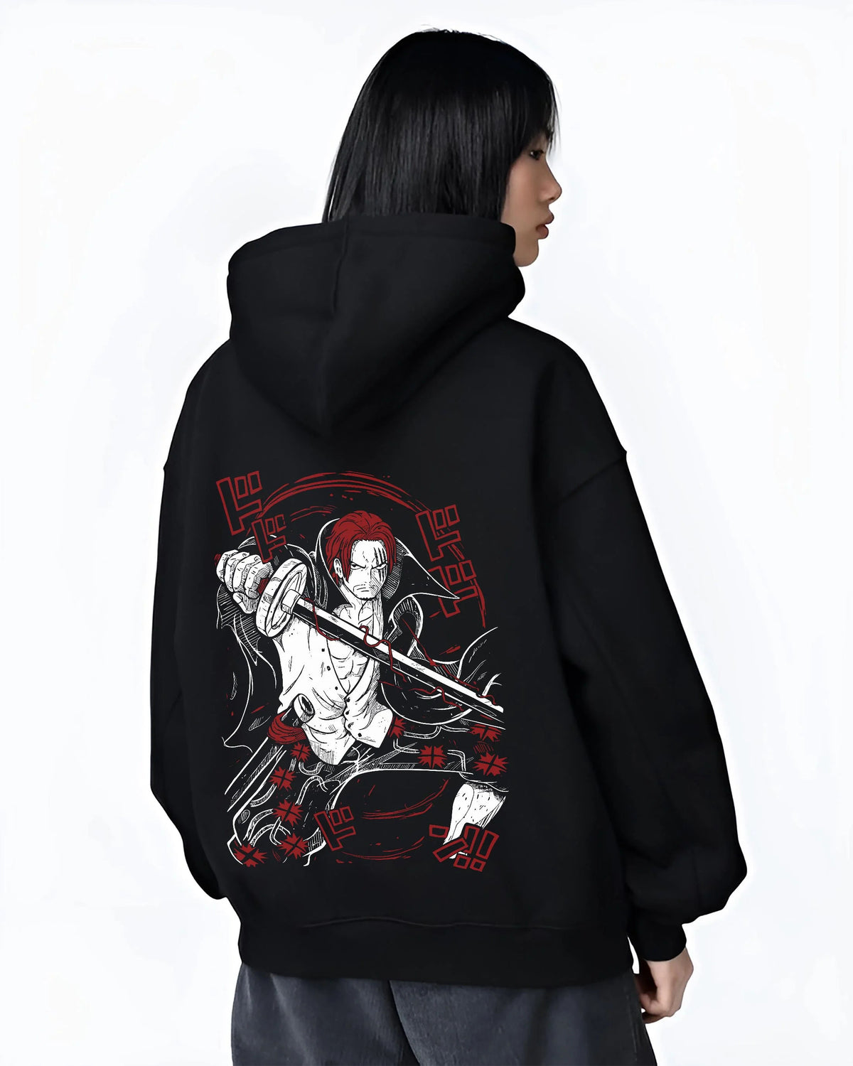 Black hoodie worn by female model from the back featuring Shanks Red Hair Emperor Haki One Piece artwork.