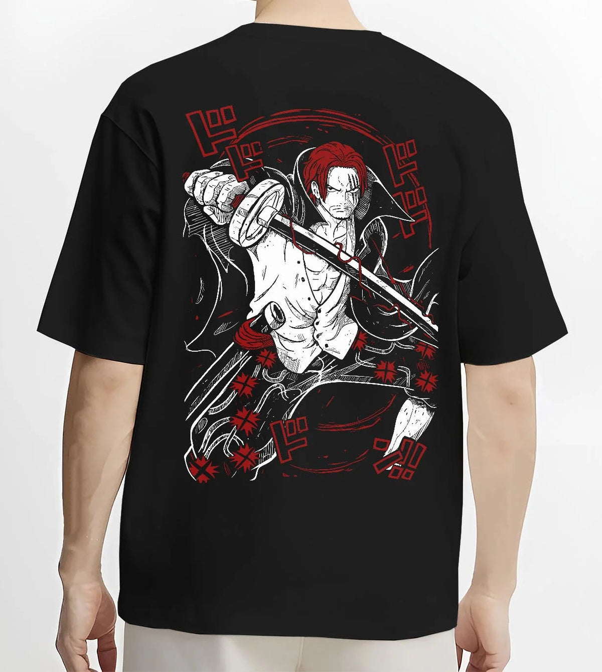 Black T-shirt worn by male model from the back featuring Shanks Red Hair Emperor Haki One Piece artwork.
