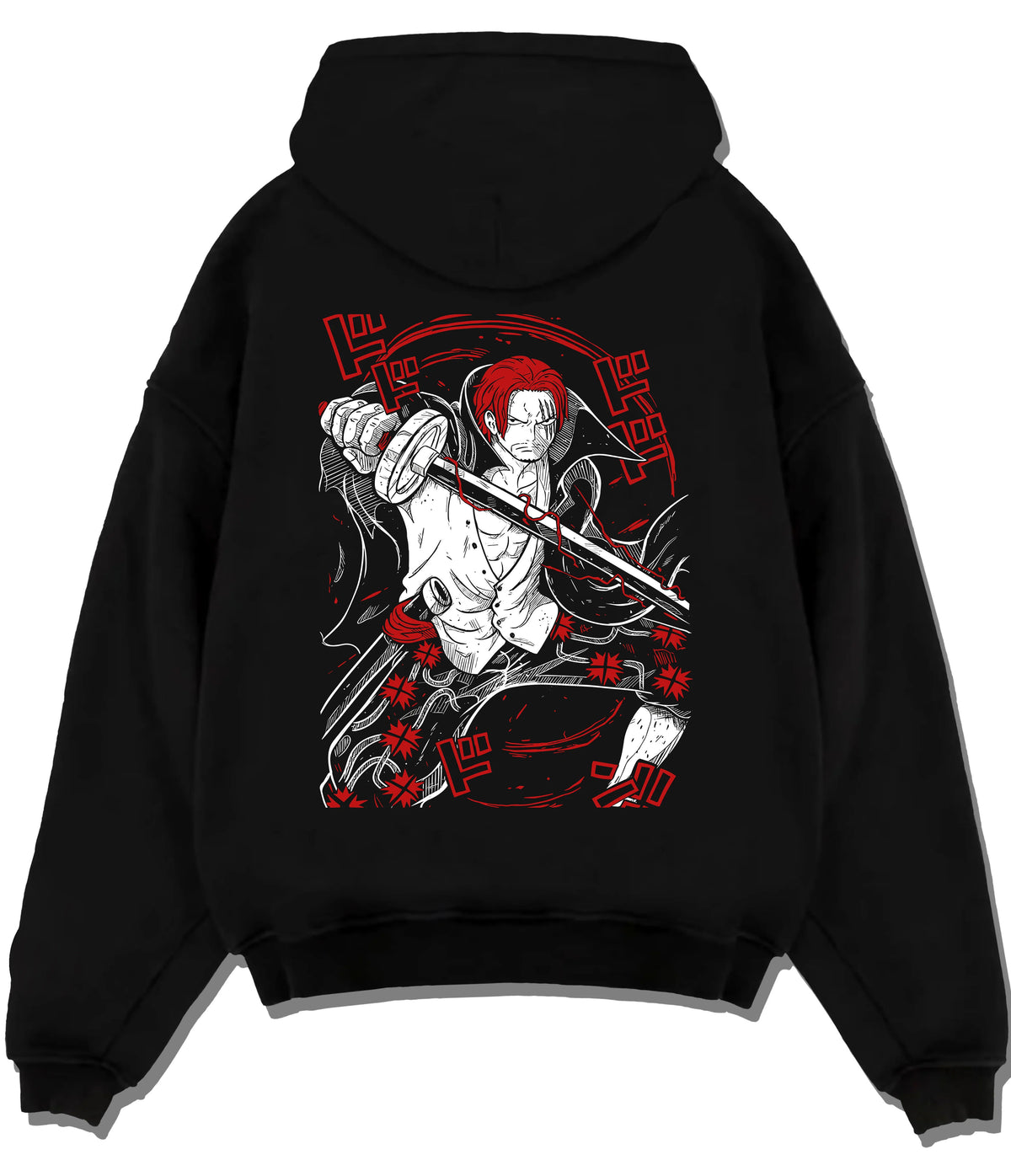 Black hoodie flat back view showing Red-Haired Shanks from One Piece: sword and pirate poster