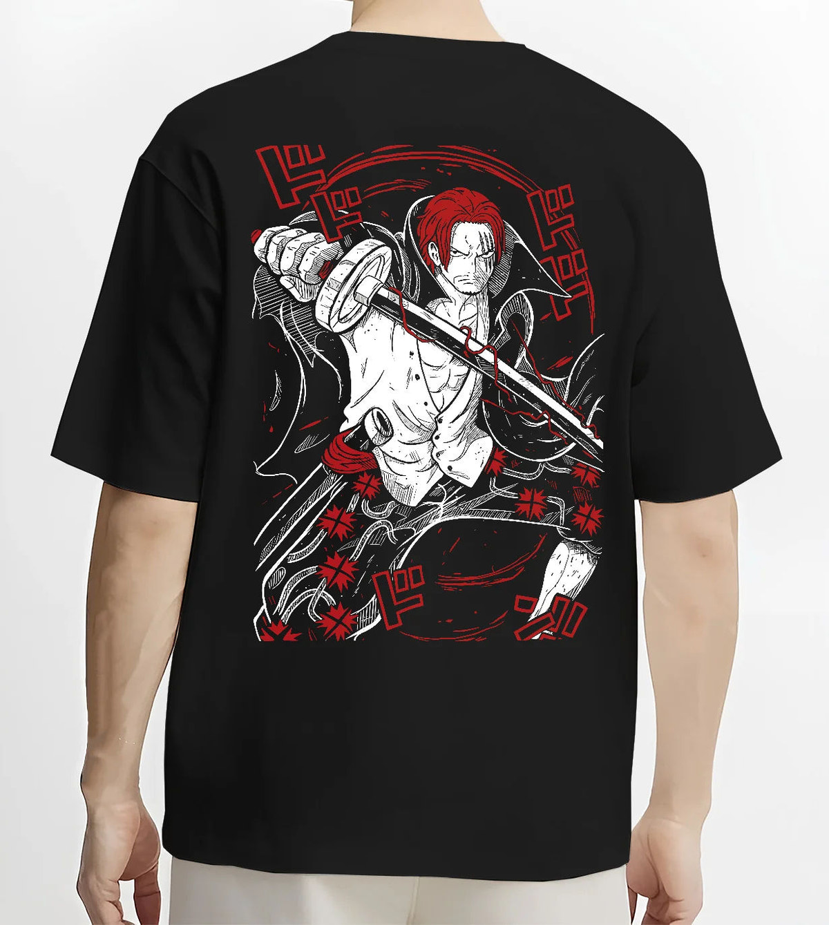 Black T-shirt model back view showing Red-Haired Shanks from One Piece: sword and pirate poster