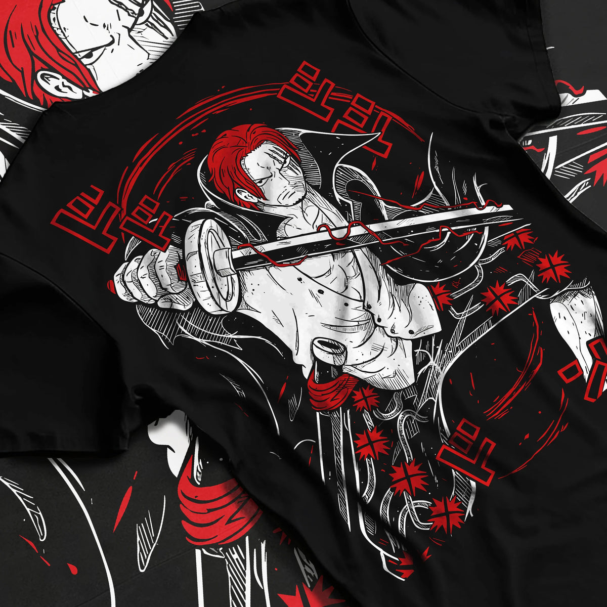 Black T-shirt flat back view showing Red-Haired Shanks from One Piece: sword and pirate poster