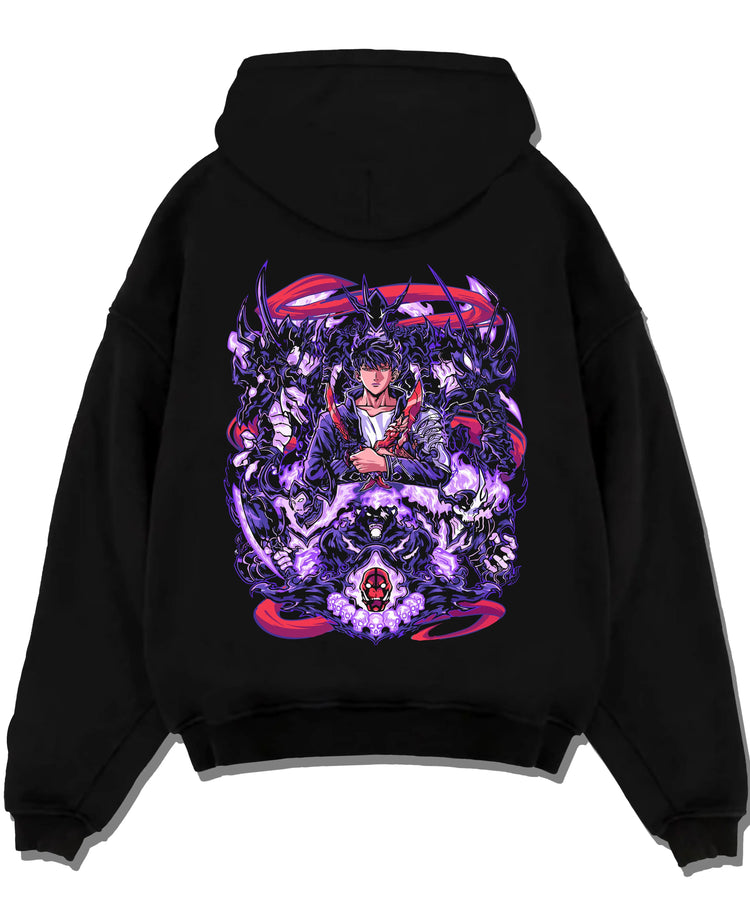 Black hoodie laid flat featuring Sung Jin-Woo purple Shadow Army Solo Leveling artwork.