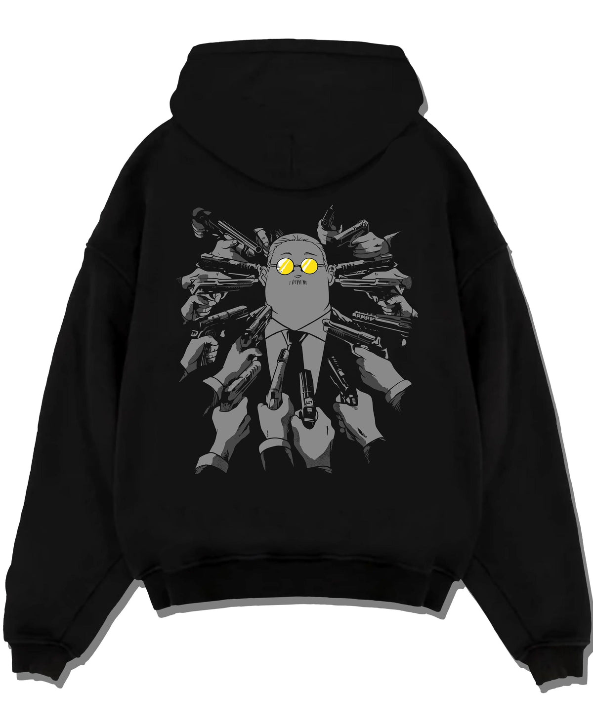 Black hoodie laid flat featuring Taro Sakamoto hidden arsenal Sakamoto Days artwork.