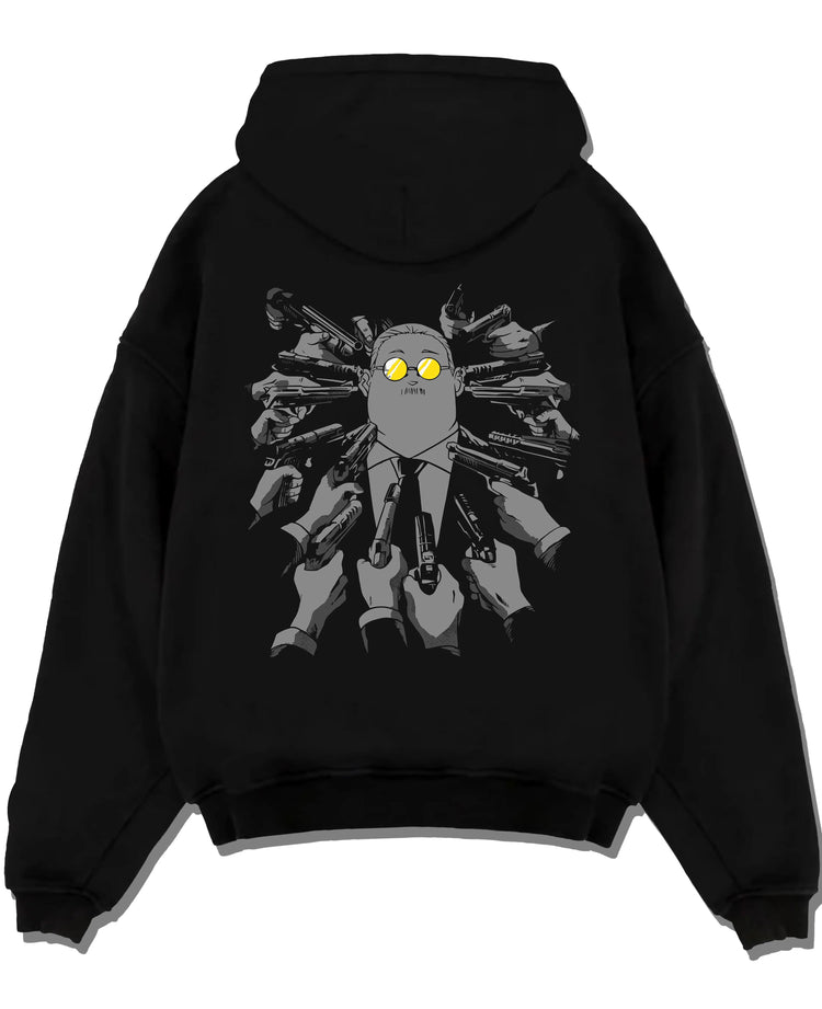 Black hoodie laid flat featuring Taro Sakamoto hidden arsenal Sakamoto Days artwork.
