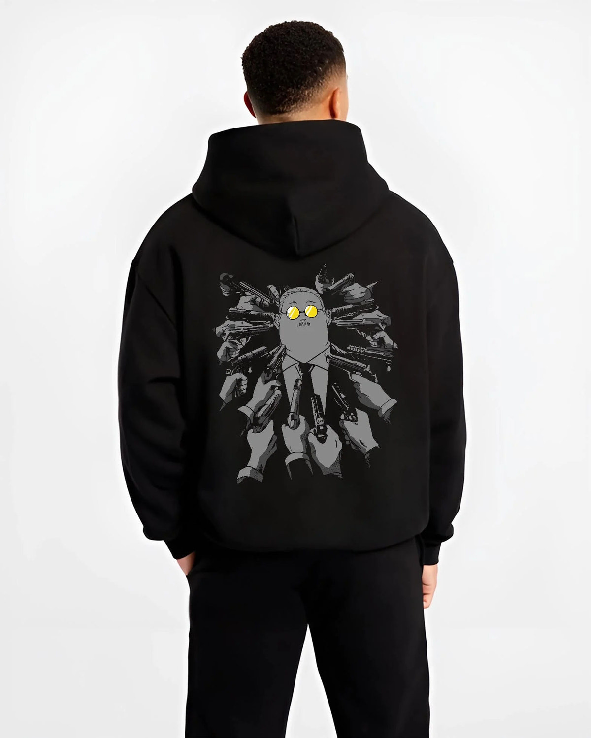 Black hoodie worn by male model from the back featuring Taro Sakamoto hidden arsenal Sakamoto Days artwork.