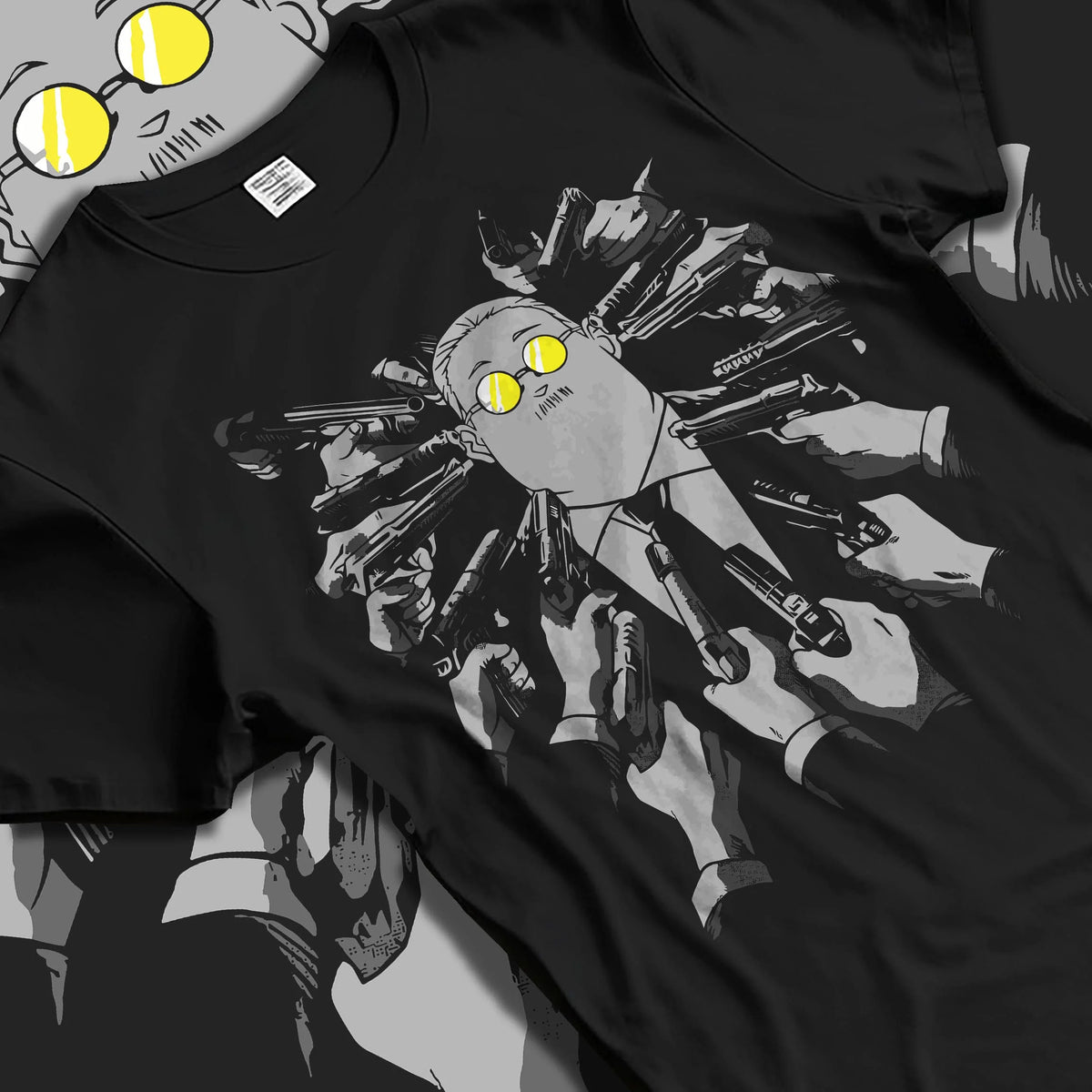 Black T-shirt laid flat with natural folds featuring Taro Sakamoto hidden arsenal Sakamoto Days artwork.
