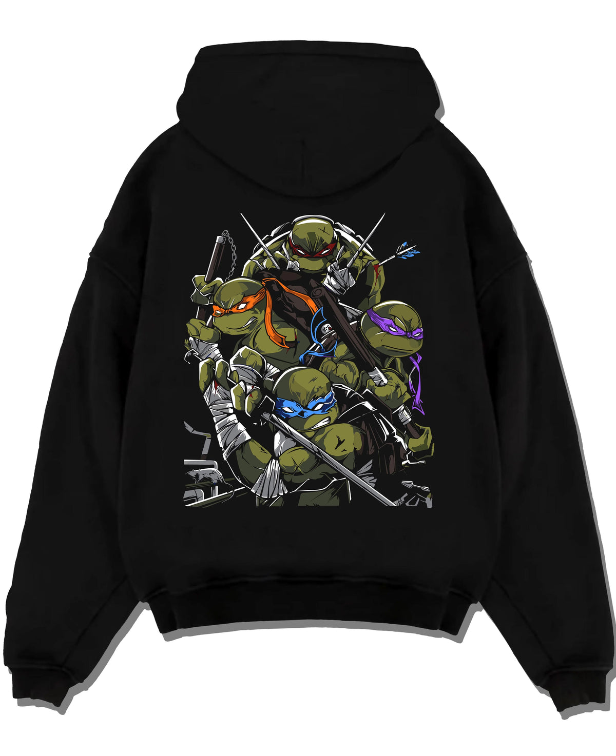 Black hoodie laid flat featuring Teenage Mutant Ninja Turtles sewer team TMNT artwork.