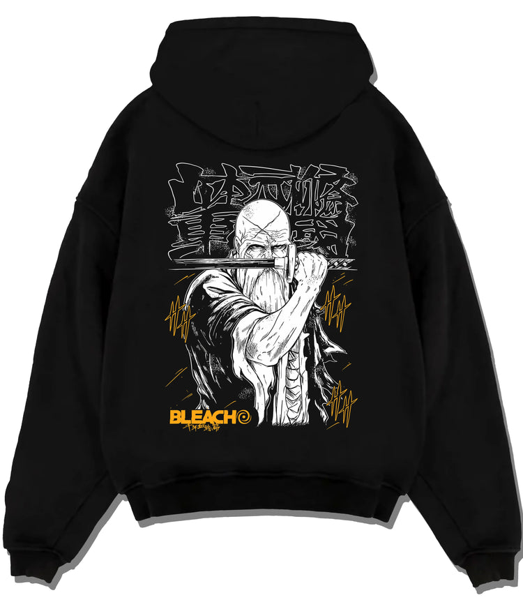 Black hoodie flat back view showing Genryusai Shigekuni Yamamoto from Bleach: First Division Captain