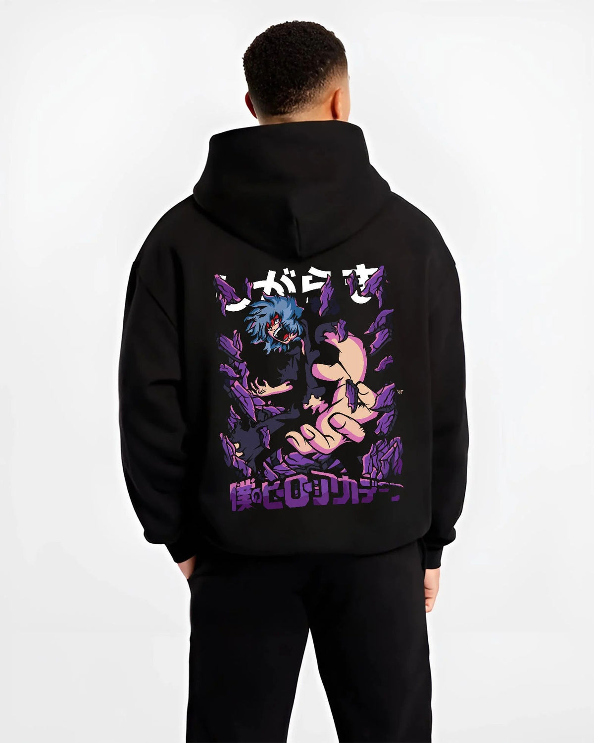 Black hoodie worn by male model from the back featuring Tomura Shigaraki Decay villain My Hero Academia artwork.