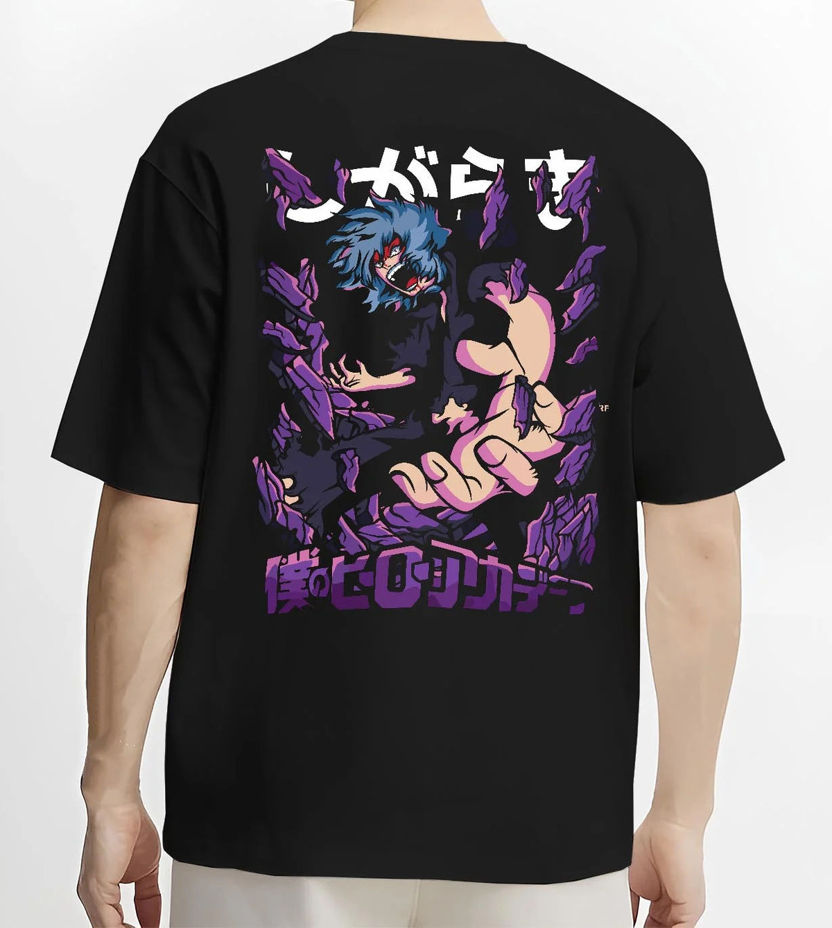 Black T-shirt worn by male model from the back featuring Tomura Shigaraki Decay villain My Hero Academia artwork.