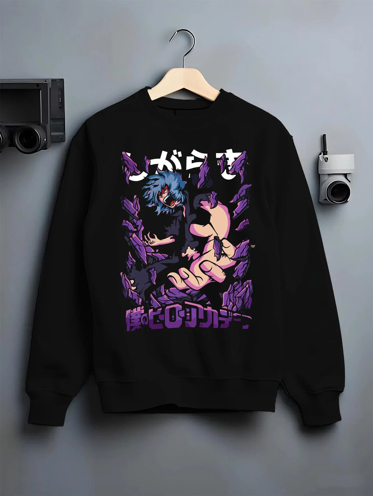 Black crewneck sweatshirt on hanger featuring Tomura Shigaraki Decay villain My Hero Academia artwork.