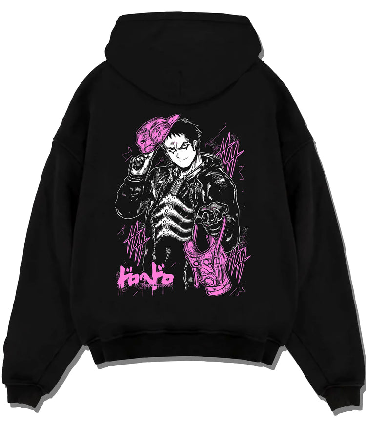 Black hoodie flat back view with Kai, Boss of the Cross-Eyes from Dorohedoro illustrated back graphic