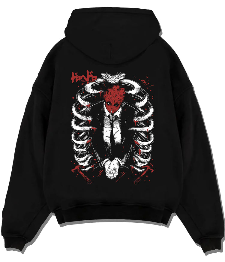 Black hoodie flat back view showing Shin from Dorohedoro: heart-mask/ribcage composition