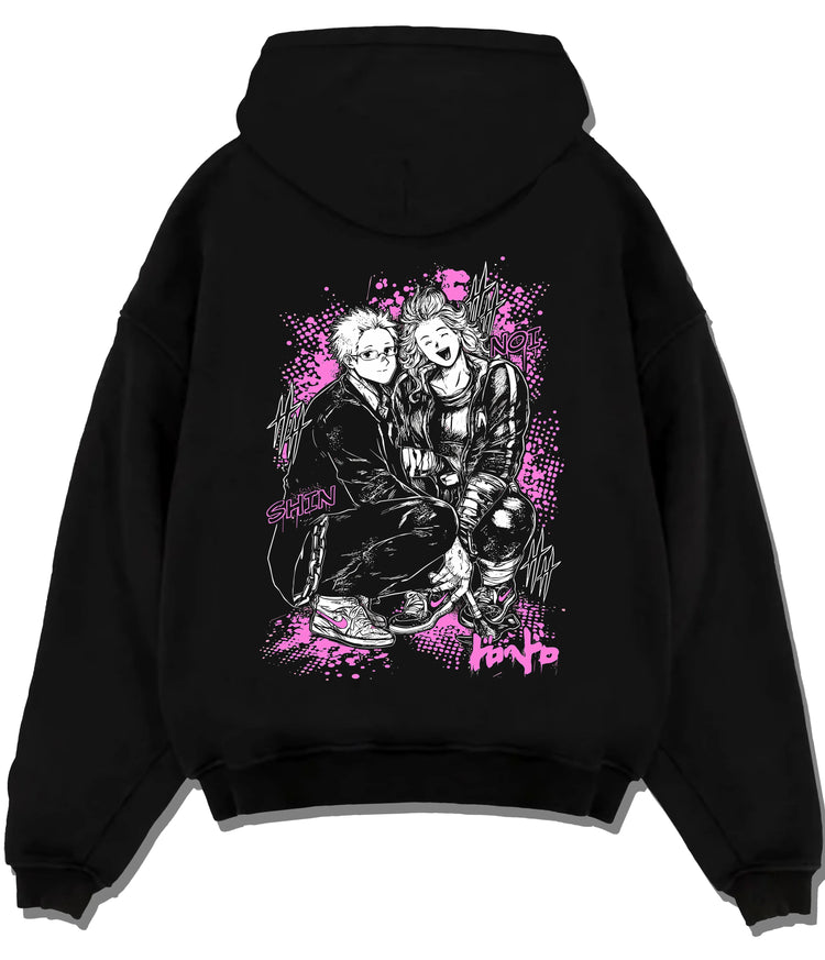 Black hoodie flat back view showing Shin and Noi from Dorohedoro: seated duo artwork