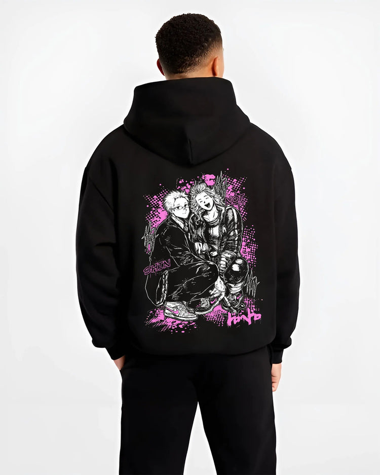Black hoodie model back view showing Shin and Noi from Dorohedoro: seated duo artwork