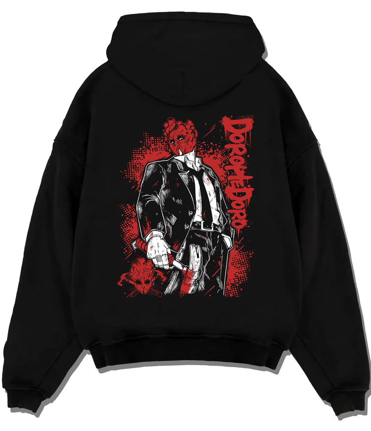 Black hoodie flat back view showing Shin from Dorohedoro: suit, red mask and hammer
