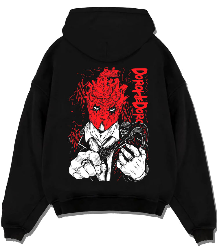 Black hoodie flat back view showing Shin from Dorohedoro: red heart mask and hammer