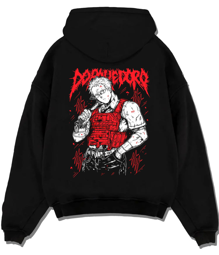 Black hoodie flat back view showing Shin from Dorohedoro: tactical vest and mask