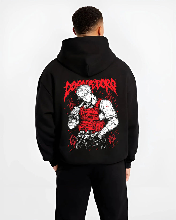 Black hoodie model back view showing Shin from Dorohedoro: tactical vest and mask