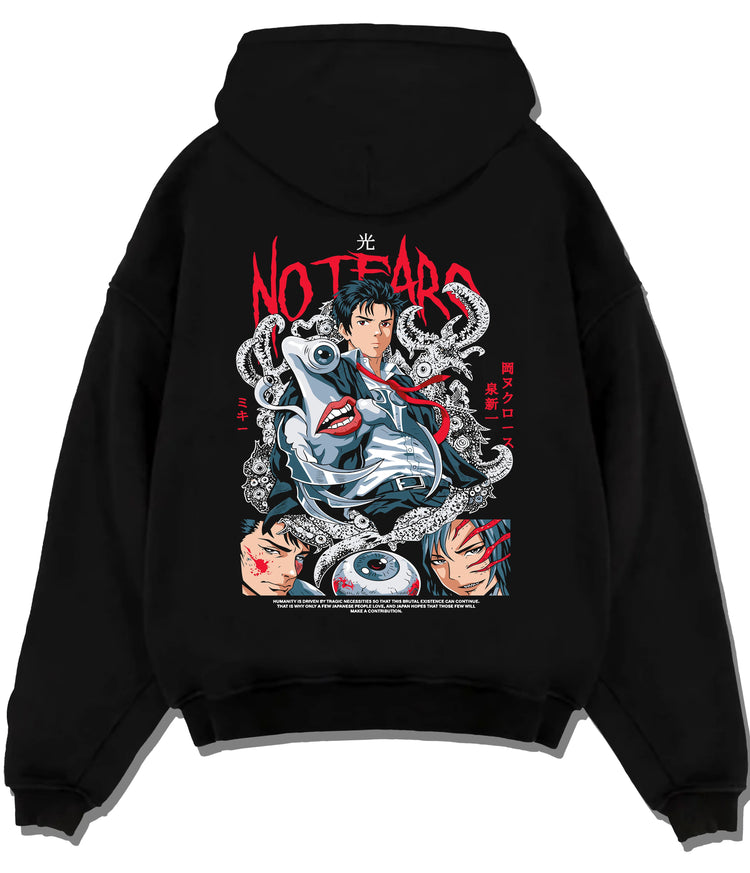 Black hoodie flat back view with Shinichi Izumi from Parasyte illustrated back graphic
