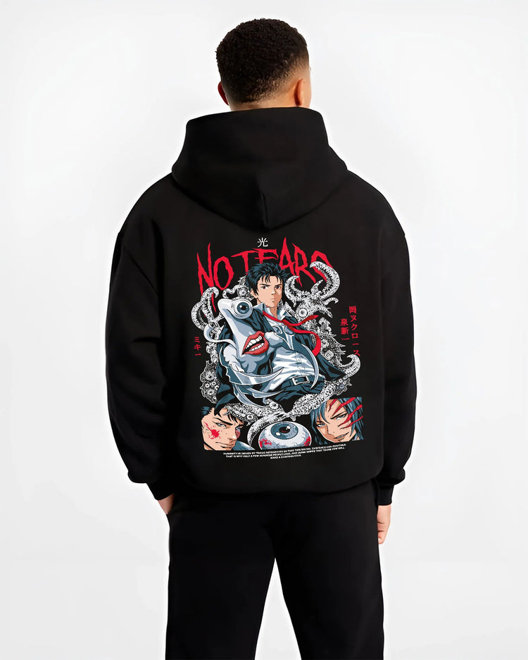 Black hoodie model back view with Shinichi Izumi from Parasyte illustrated back graphic