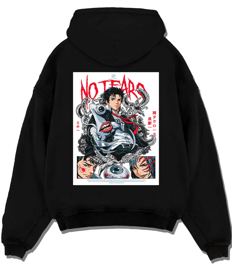 Black hoodie flat back view showing Shinichi Izumi and Migi from Parasyte: body-horror poster