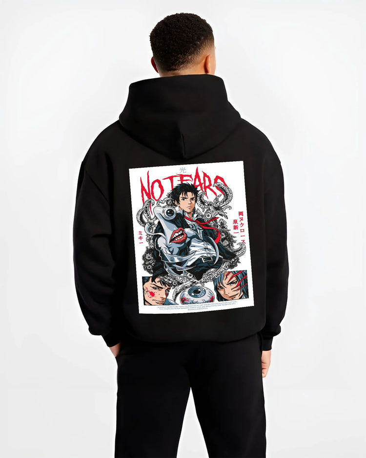 Black hoodie model back view showing Shinichi Izumi and Migi from Parasyte: body-horror poster