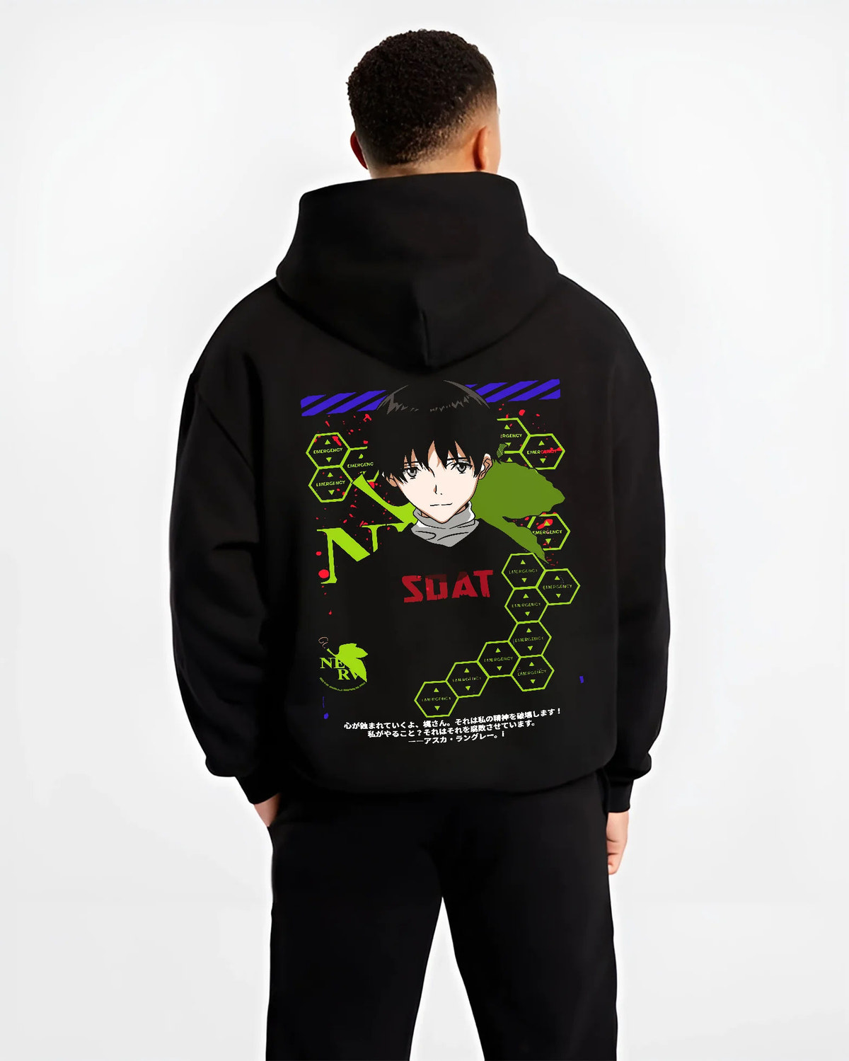 Black hoodie model back view showing Shinji Ikari from Evangelion: black SDAT hoodie
