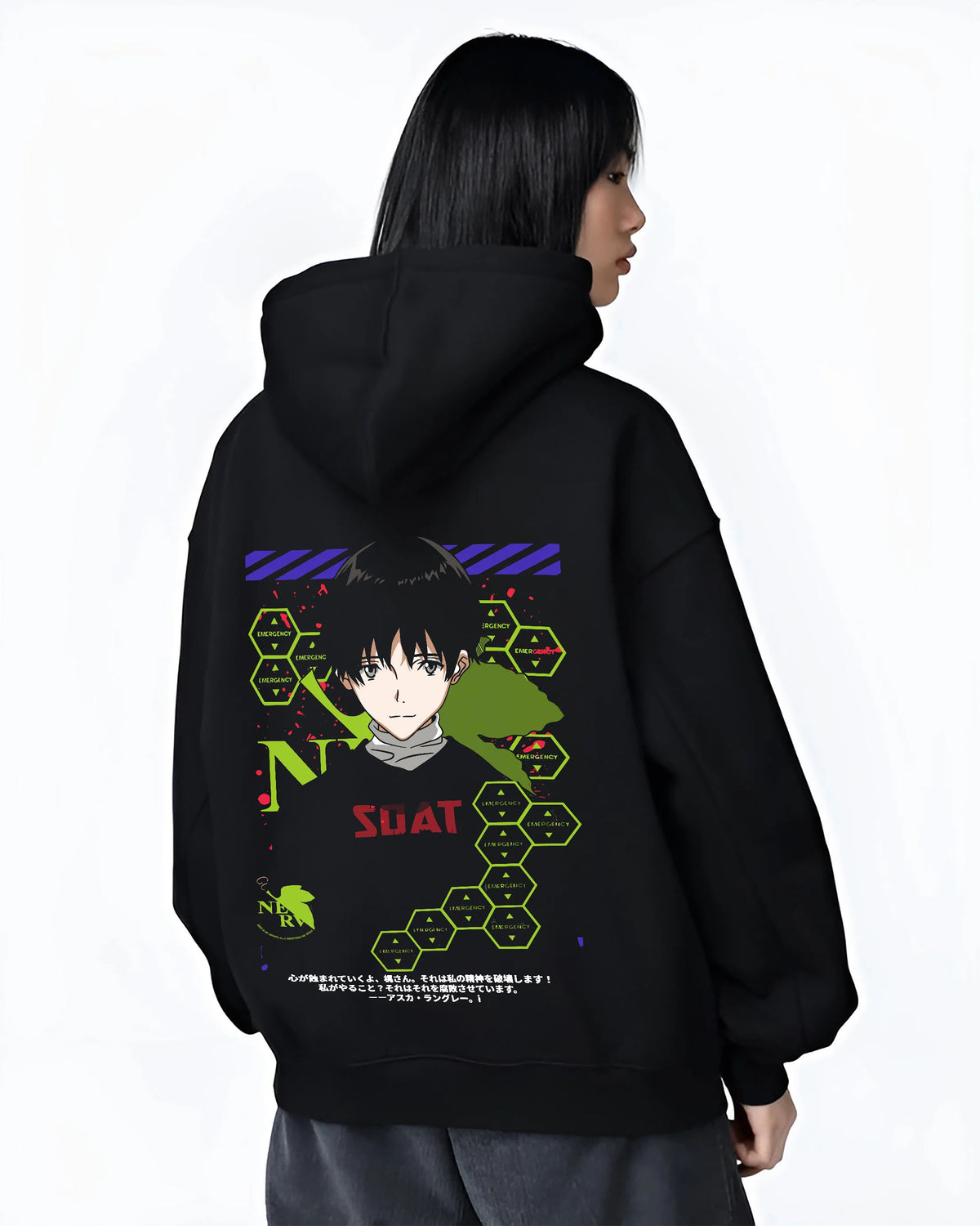 Black hoodie female model back view showing Shinji Ikari from Evangelion: black SDAT hoodie