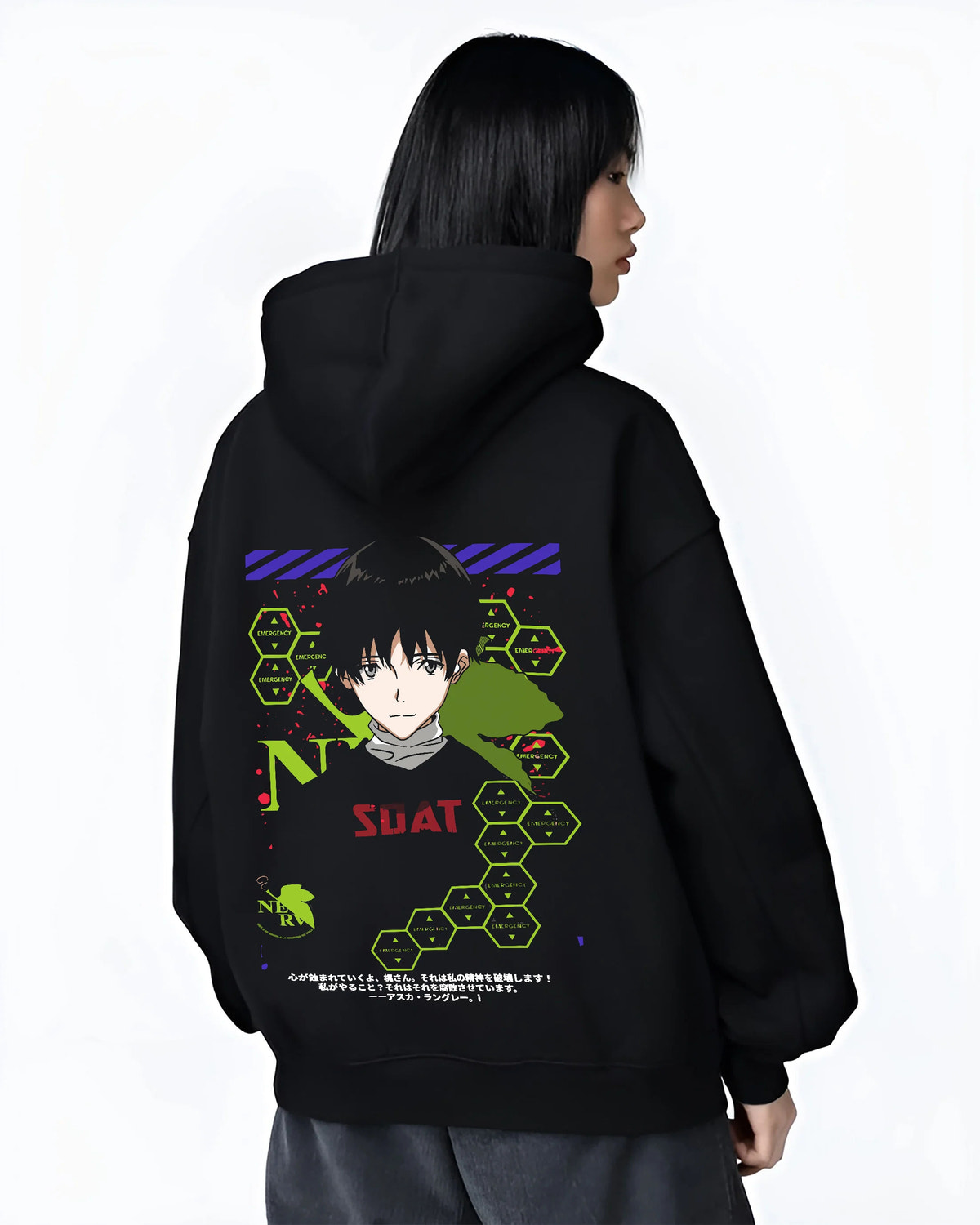 Black hoodie female model back view showing Shinji Ikari from Evangelion: black SDAT hoodie