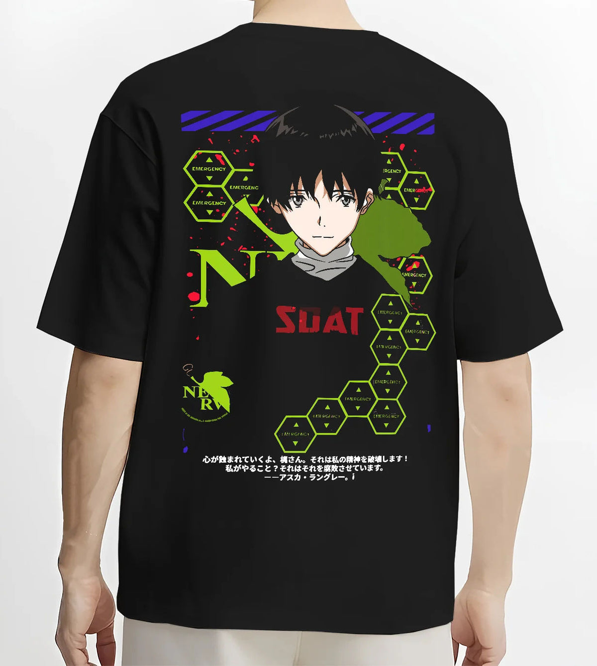 Black T-shirt model back view showing Shinji Ikari from Evangelion: black SDAT hoodie