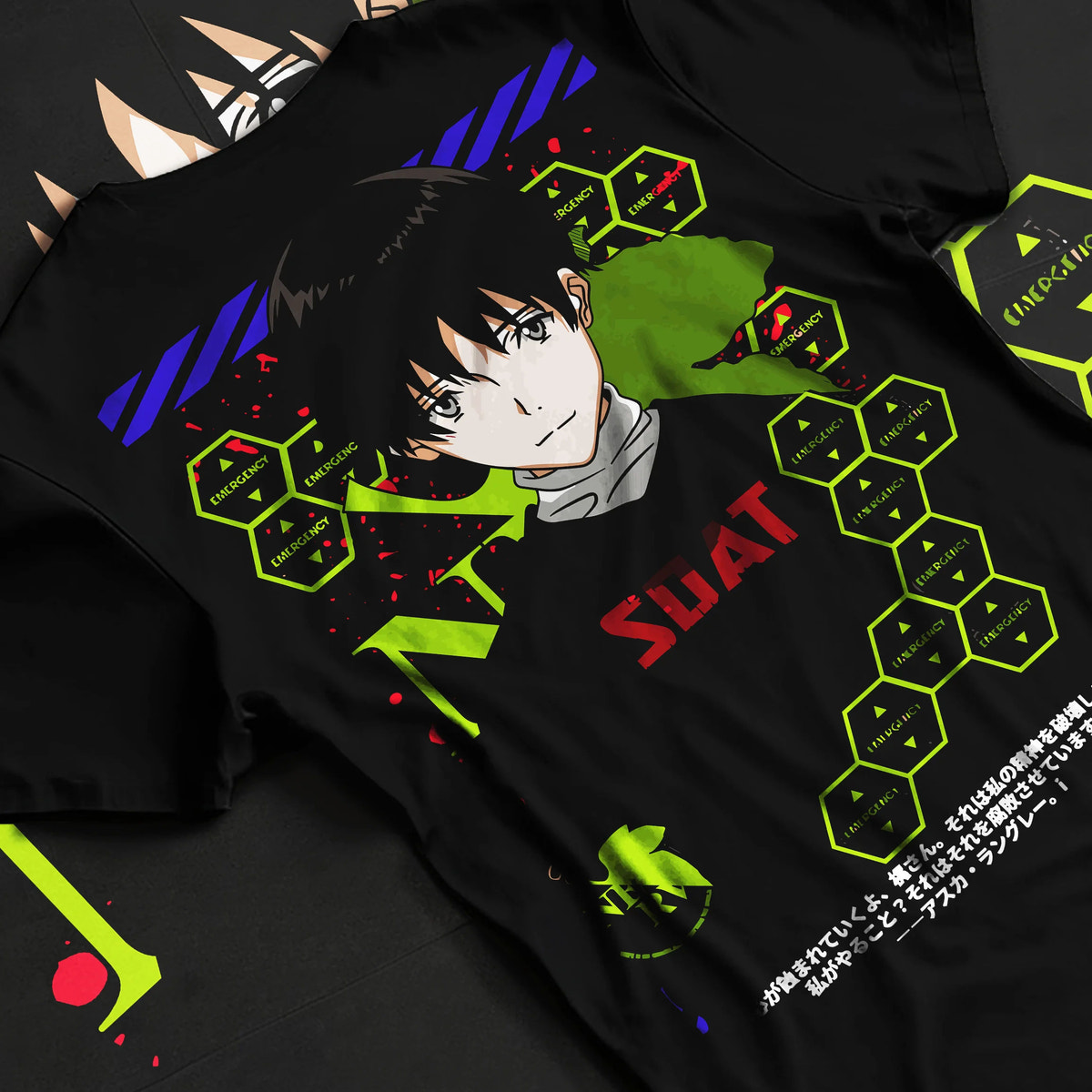 Black T-shirt flat back view showing Shinji Ikari from Evangelion: black SDAT hoodie
