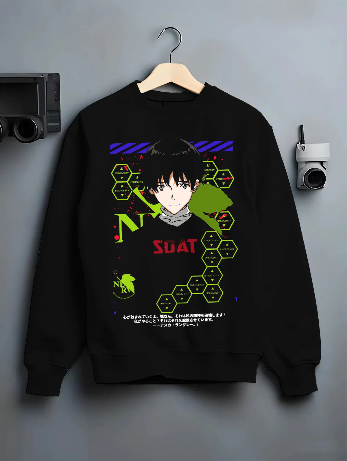 Black crewneck sweatshirt on hanger showing Shinji Ikari from Evangelion: black SDAT hoodie