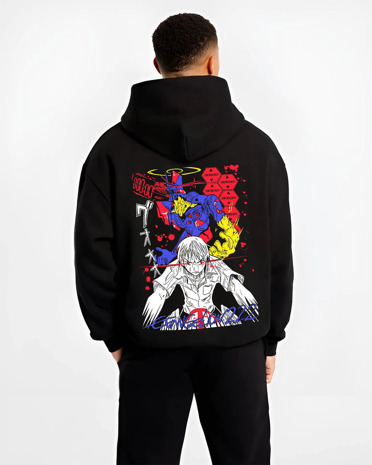 Black hoodie model back view showing Evangelion: Unit-01/multiple EVA figures
