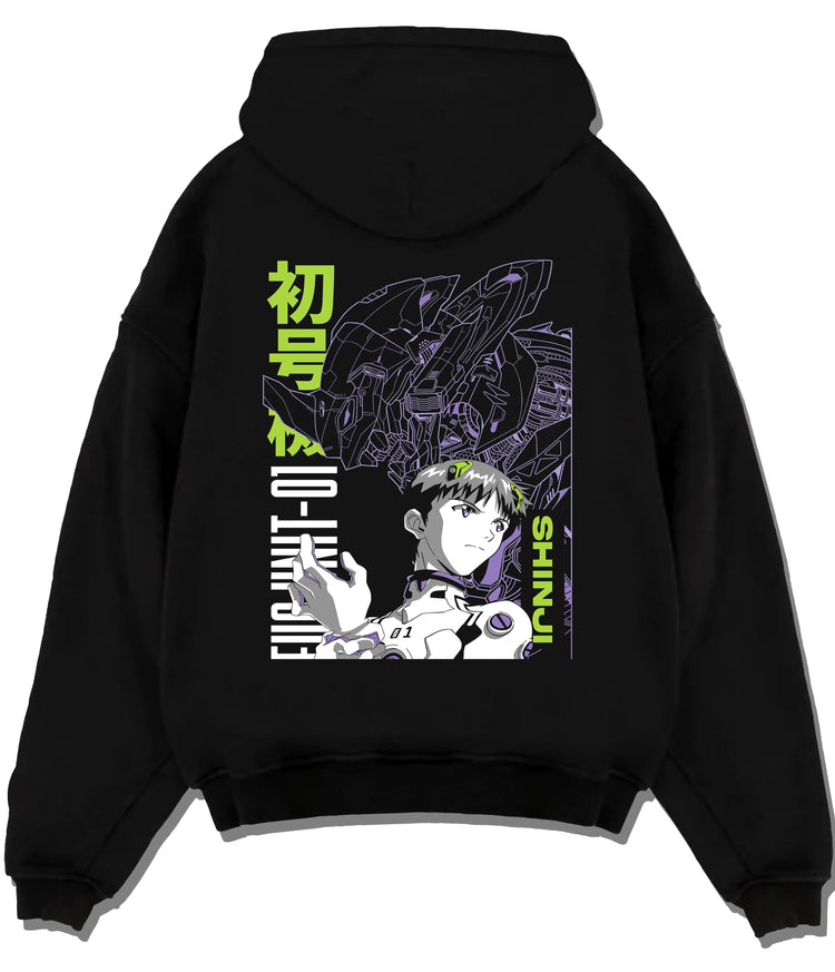 Black hoodie flat back view with Shinji Ikari and EVA-01 (mechanical silhouette) from Evangelion illustrated back graphic